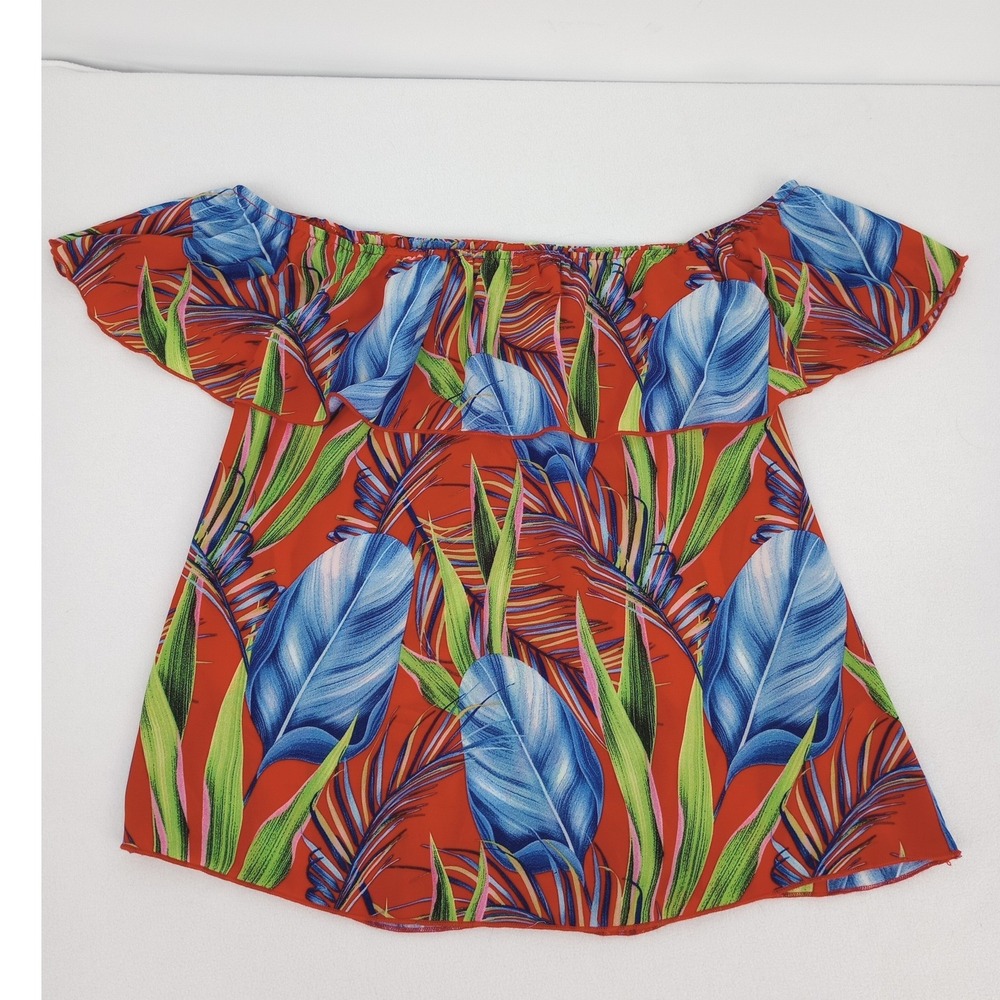 Hello Miss Off The Shoulder Blouse Womens Medium Red Tropical Leaf Ruffle Top